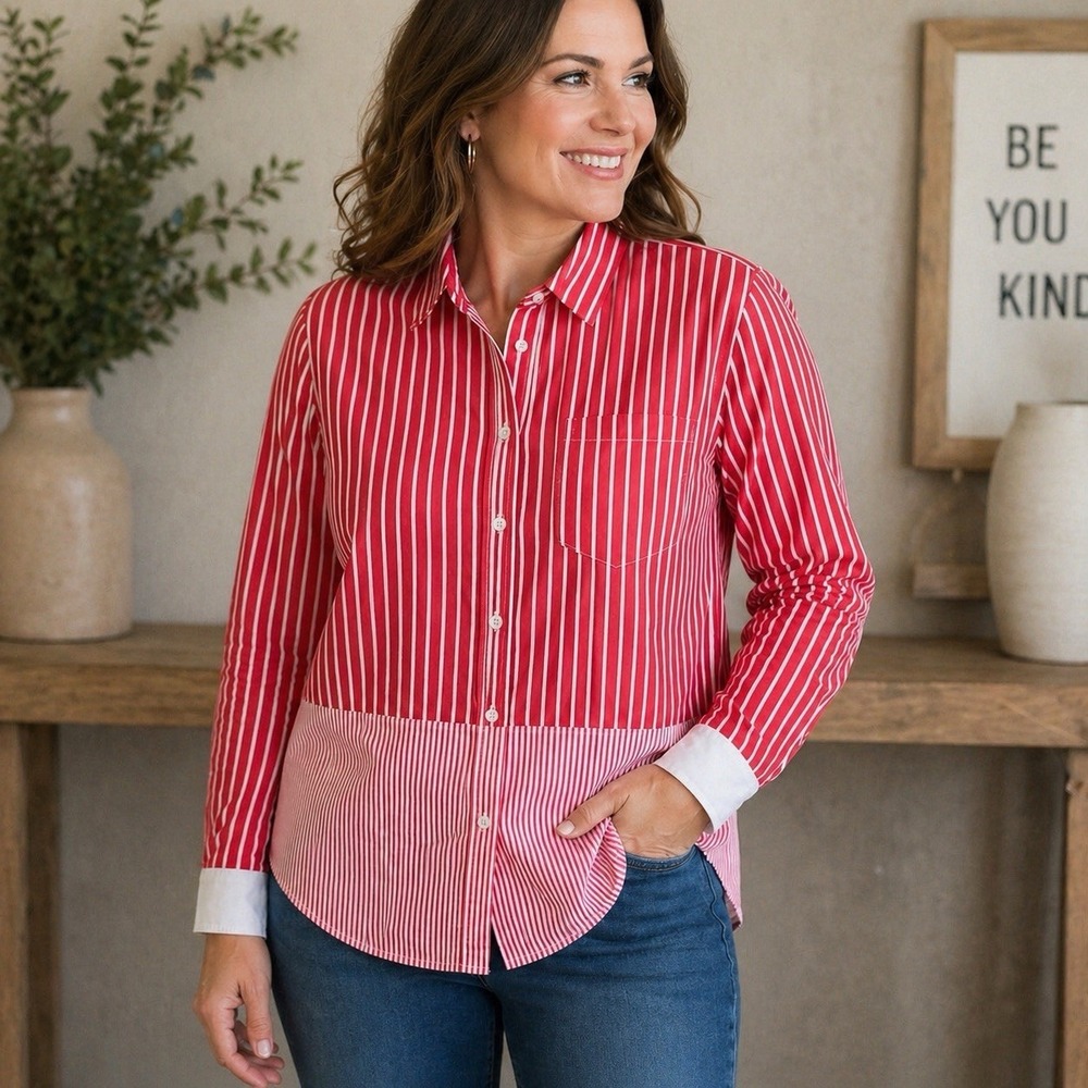 Gap Women's Medium Coral White Striped Button Up Shirt Long Sleeve Cotton